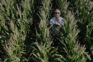 Marcelo Nicoletta, productor agrícola, usando tecnología agrícola en un campo de maíz.