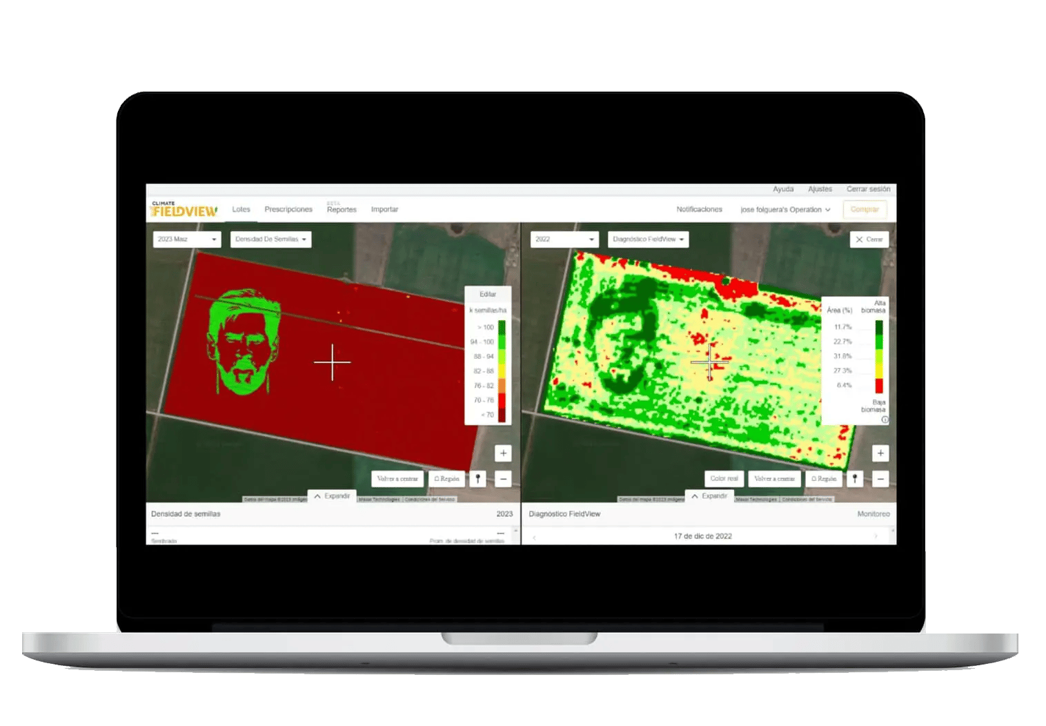 Prescripción e Imagen de Monitoreo de FieldView con la cara de Messi.