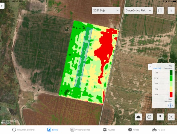 Foto satelital de un mapa de monitoreo de un lote, con imagen roja en el centro, con línea verde