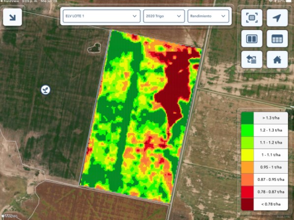 Foto satelital de un mapa de monitoreo de un lote, con imagen roja en el centro en el centro, con línea verde