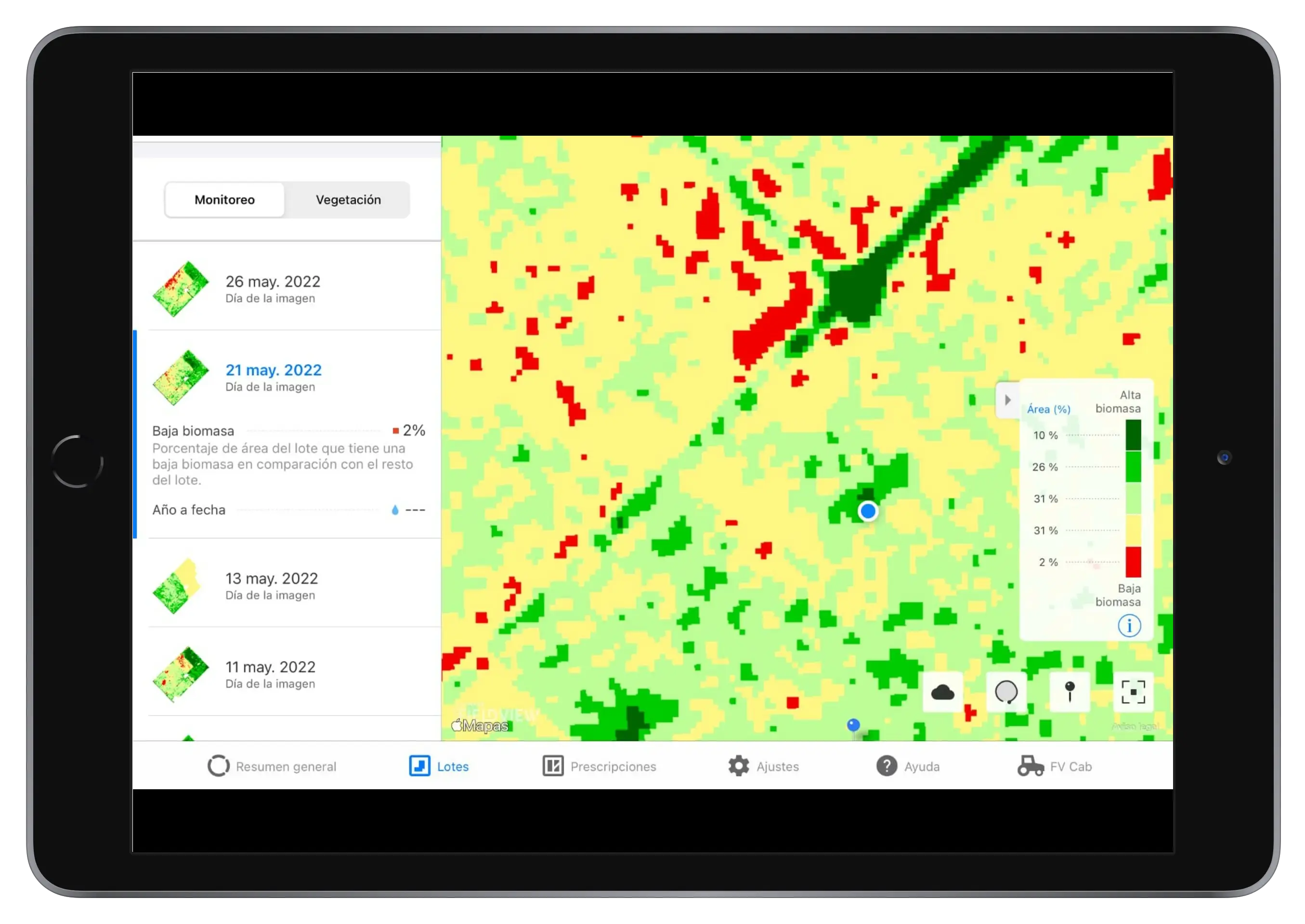  iPad con mapa de vegetación de FieldView.