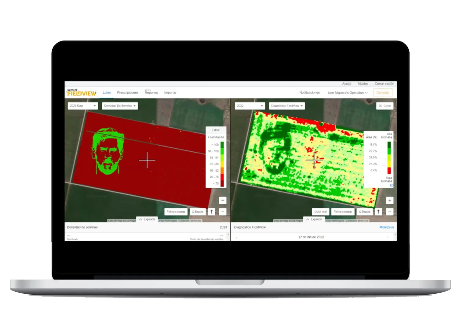 Prescripción e Imagen de Monitoreo de FieldView con la cara de Messi.